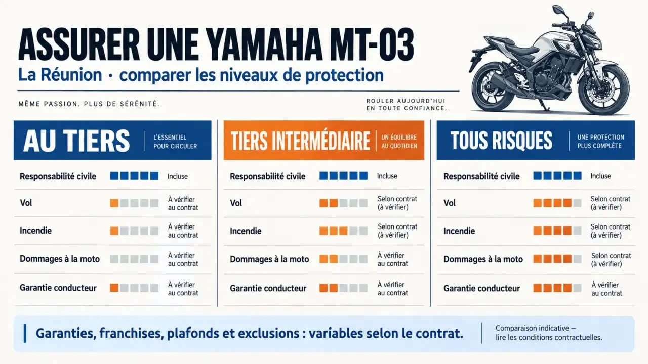 Infographie comparative des formules de devis assurance Yamaha MT-03 à La Réunion