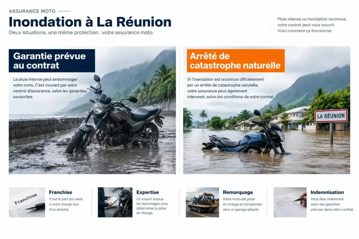 Infographie sur l’assurance moto inondation à La Réunion et les garanties force de la nature et catastrophe naturelle