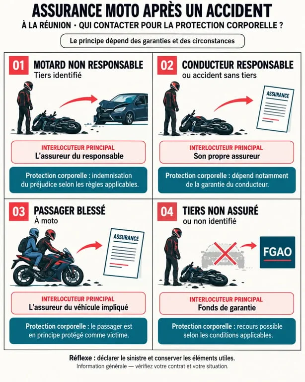 Infographie sur l’assurance moto accident Réunion indemnisation selon le statut du conducteur, du passager ou du tiers